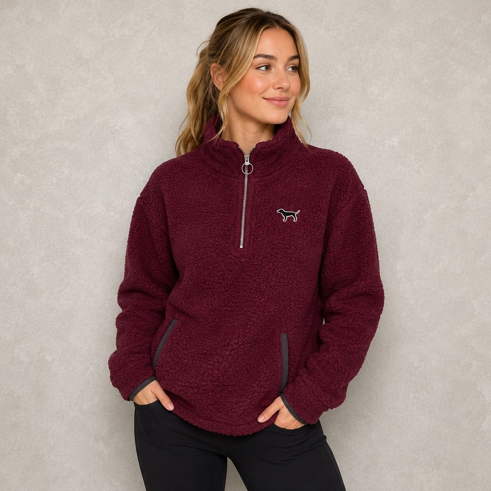 PINK Victoria's Secret Pullover Womens Large Burgundy Sherpa Fleece Quarter Zip